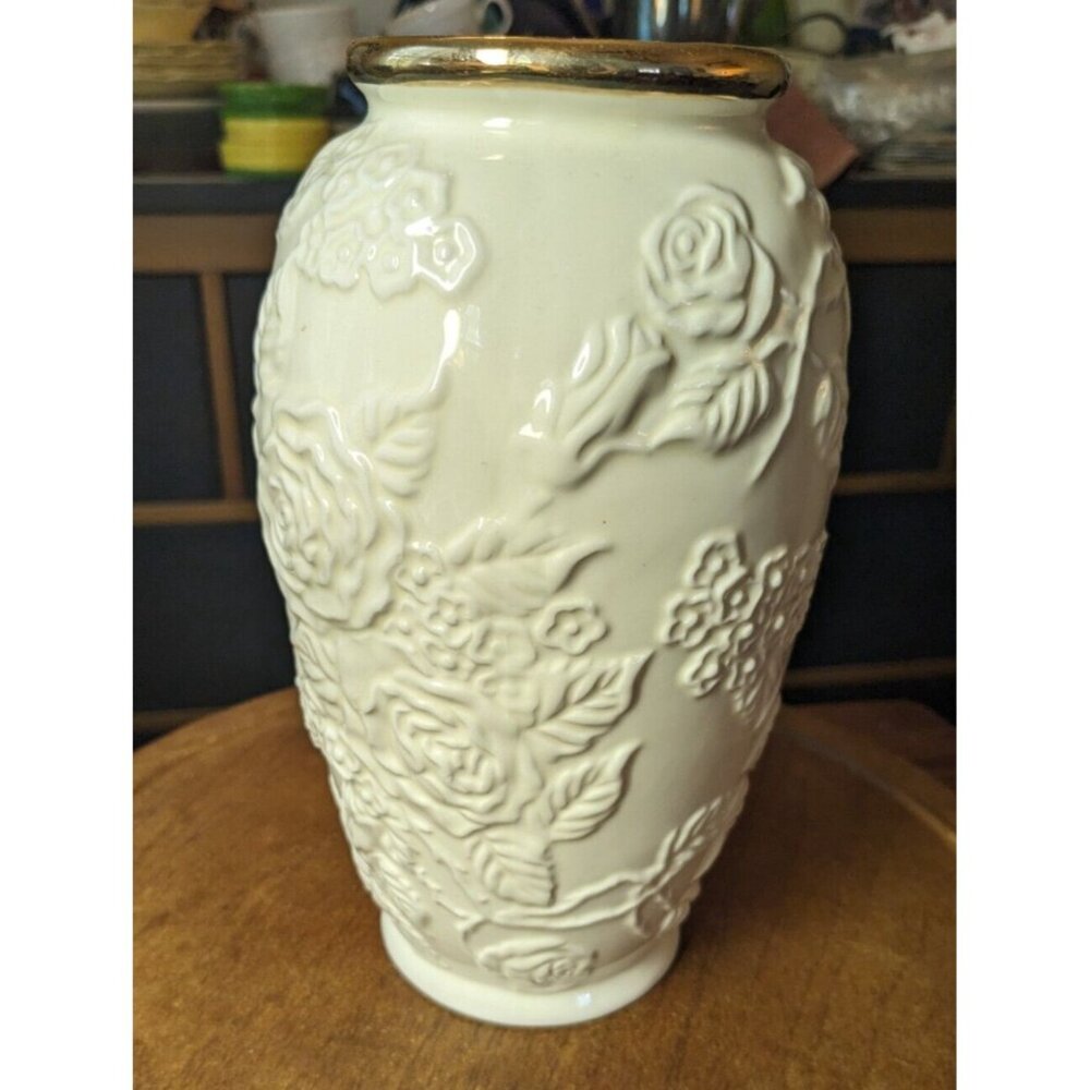 Vtg. Cream Porcelain Vase Gold Trim  Embossed Rose Pattern Formalities Baum Bros
